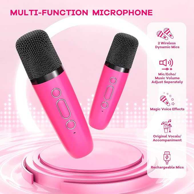 Mini Karaoke Machine for Kids Toys, Portable Bluetooth Speaker with 2 Wireless Microphones, Birthday Gifts for Girls 3, 4, 5, 6, 7, 8, 9, 10, 11, 12+ Years Old Toddler Teens (Hotpink)