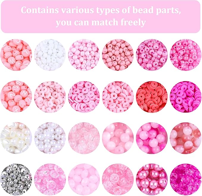 3500Pcs Heishi Bead ，Pink Beads Bracelet Making Kit ，6 Kinds of Unique Pink Glass Seed Bead Friendship Bracelet Beads for Jewelry Making