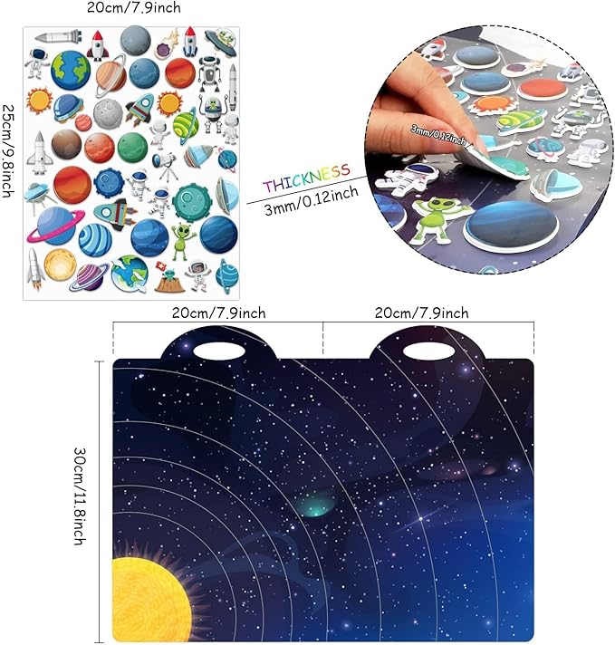 3D Outer Space Puffy Sticker Play Set Kids 2-4 Toys Gifts Sticker Book Galaxy Window Clings Decals for Toddlers Home Airplane Solar Systerm Party Supplies Decorations 100 Reusable Puffy Stickers