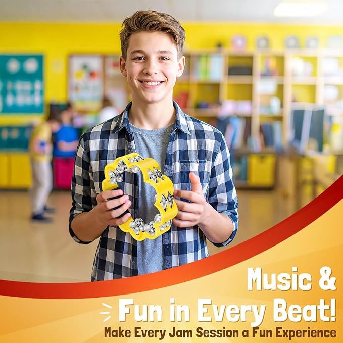Flexzion Flower Tambourine - 8 Inch Handheld Percussion Instrument w/Metal Jingles & Ergonomic Grip - Small Tambourines for Adults, Kids, Church, Parties, & Musical Events (2 Pack - Red & Yellow)