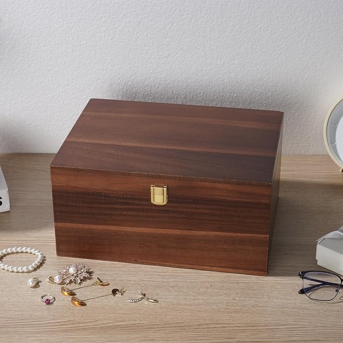Large Wooden storage box - Wood Box with Lid for Home Decor, Ideal for Keepsakes, Trinkets, Jewelry & Photo, 11x 8.9x4.9 IN, Rustic Design-WB004- Large