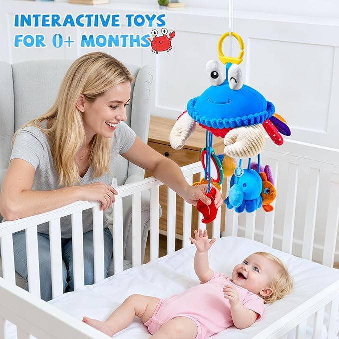 Car Seat Toys for Babies 0-6 Months, Hanging Baby Activity Toy for Stroller, Crib & Gym, Tummy Time Sensory Crab Plush Toys for Newborn, 0 3 6 9 12 M Clip-On Montessor Toy, Baby Boy Girl Gifts