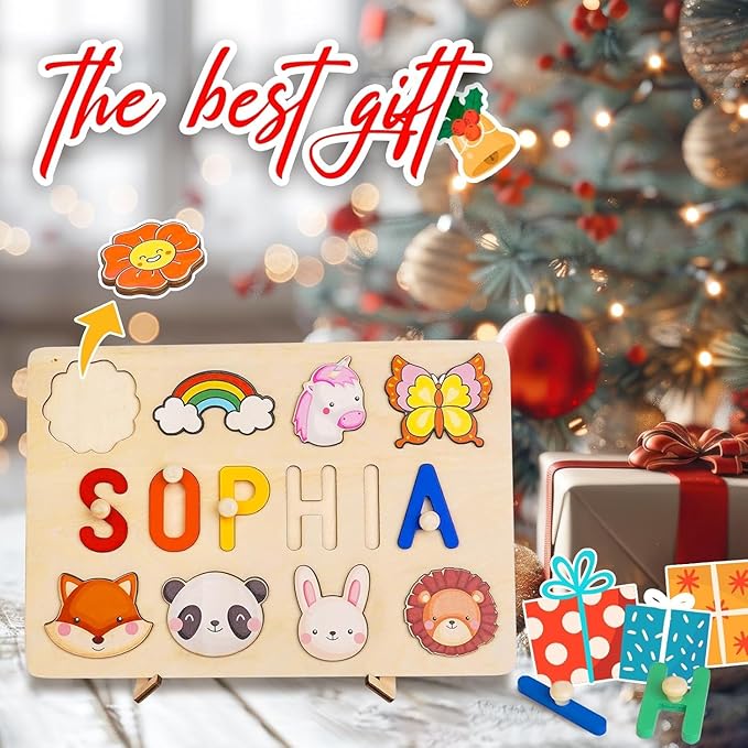 Baosity Personalized Name Puzzle for Kids, Custom Wooden Puzzles for Toddler 1-3, Baby Toddler Toys for 1 Year Old, Personalized Christmas Birthday Gifts for Boy & Girl