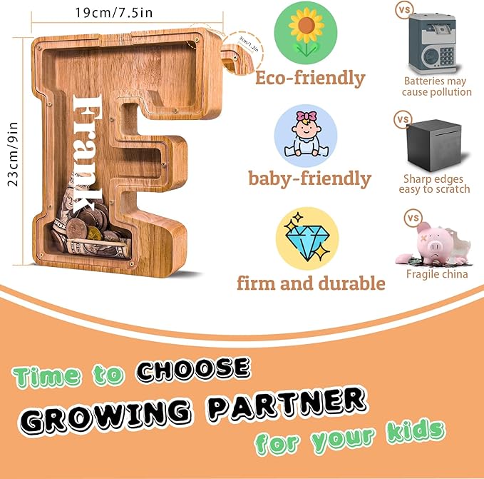Wooden Letter Piggy Bank for Kids Larger Letter Piggy Bank for Boys and Girls Personalized Piggy Bank Initial Coin Bank Wood Kids Money Bank for Birthday and Festival