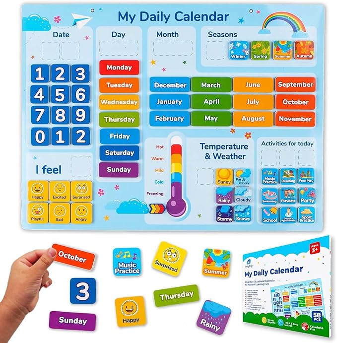 Simply magic 58 PCS Kids Calendar - My First Daily Magnetic Calendar with Weather and Feelings, Days of The Week, All About Today Board – Preschool Learning Chart for Wall or Fridge, Circle Time