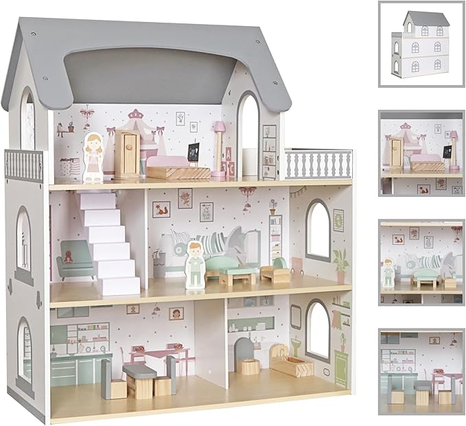 Wooden Dream Playhouse for Girls with Balcony,Doll House for Kids with Furniture,DIY Pretend Play House Toy, Children Dollhouses Toys with 12 PCS Accessories,Birthday Gifts for Boys Girls Ages 3+