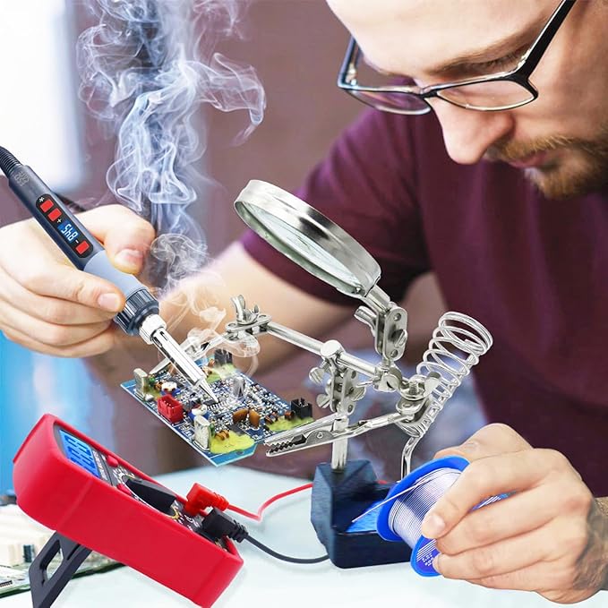 Soldering Iron Kit, 80W Electric Solder iron, Adjustable Temperature (180°C- 500°C）, With Multimeter, Magnifier Welding Helping Hand, Heat shrink tubing, Solder Wire, Desoldering pump.