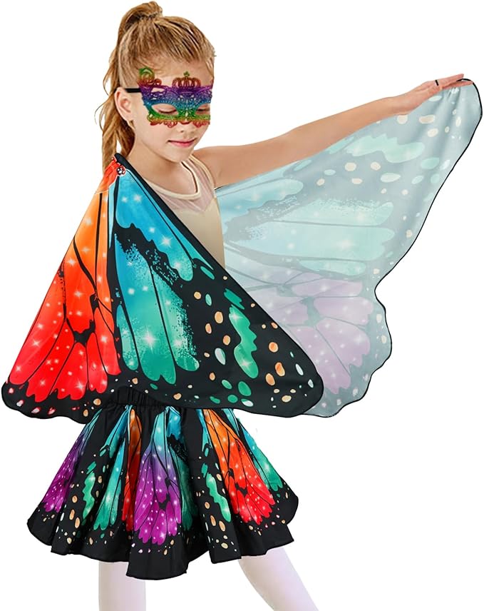 Butterfly Costume for Girls Fairy Wings Kids 4 Pcs(Cape,Skirts,Masks,Hair Clips) Butterfly Wings for Halloween Gifts