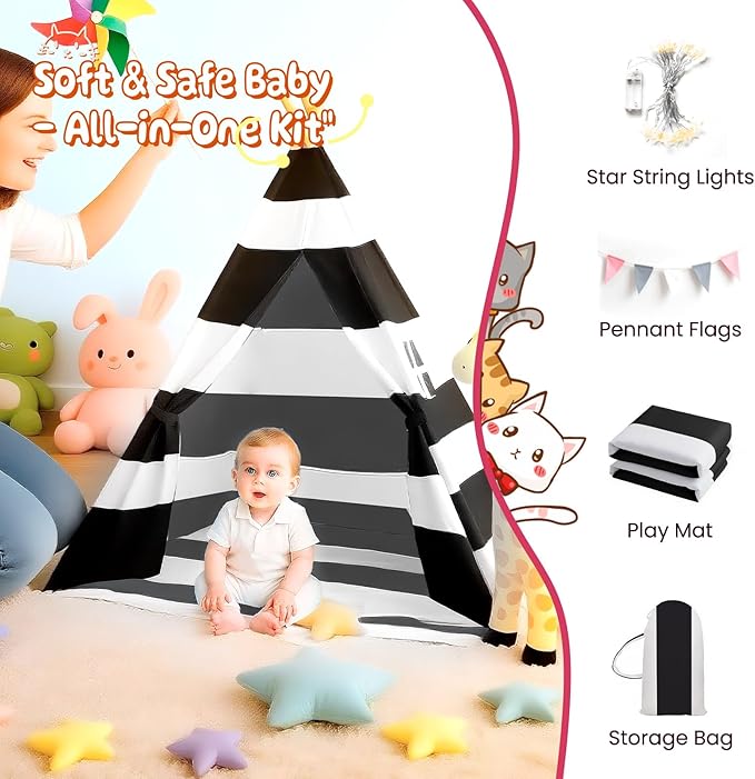 Teepee Tent for Kids with Padded Mat, Lights, and Carry Bag, Washable Playhouse for Indoor Use, Ideal Play Tent for Girls and Boys, Stripe Black