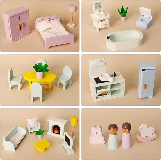 Wooden Dollhouse Furniture Set, 36Pcs Dollhouse Accessories for 6 Rooms, Full‑Home Pretend Play Furniture Toys, Birthday Gift for Toddlers Age 3+