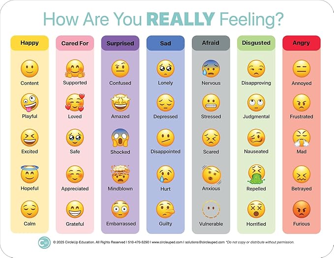 Circle Up Emoji Emotions Chart 10-Pack – 8.5x11 Laminated SEL Tool for Emotional Check-Ins & Conversations – Double-Sided Feelings Chart for Counselors, Educators, Therapists & Social Workers (5 Emoji & 5 Feeling Wheel)