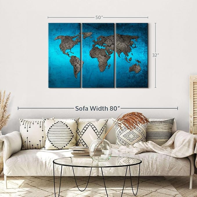 ElephantStock Ocean World Map Multi Piece Canvas - 3 Panel Wall Decor - Map of the World Art - Canvas for the Office and Home - 50" X 32"
