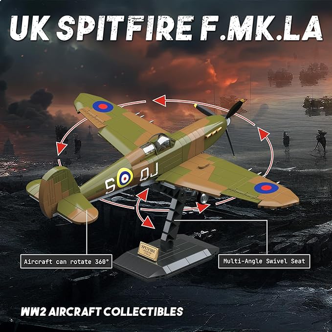 WW2 Military Fighter Jet UK Spitfire F.MK.la Plane Building Block Set, 682PCS Army Airplane Models Kit, Compatible with Lego,Airplane Toys Gifts for Ages 6+ Kid and Adult