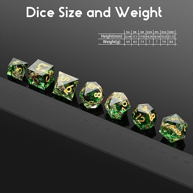 DNDND Magic Lord Rings DND Dice Set with Gift Case 7-Piece Resin Sharp D&D Dice Set with Golden Rings for RPG Dungeons & Dragons Tabletop Game (Green)