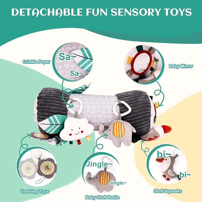 Inflatable Baby Tummy Time Toys Pillow for Newborn, Montessori Baby Sensory Toys Roller with Detachable Mirror, Squeaker, Teether & Rattle, Help with Early Development 3-6 Months(Elephant)