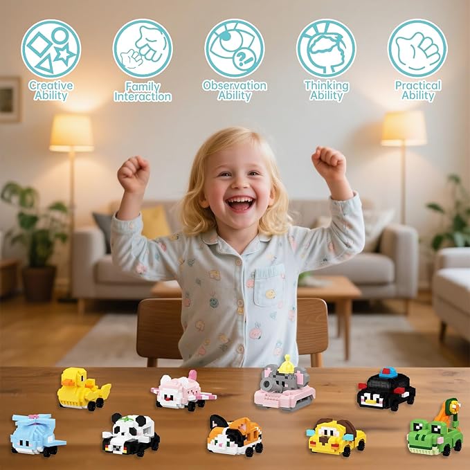 Fleet Mengmeng Mini Micro Building Blocks Set - 9 Cute Animal & Vehicle Models, Ideal Party Favor for Kids, Fun Building Blocks for Adults