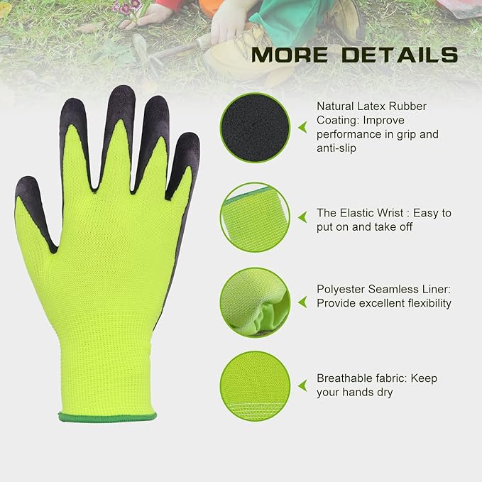 HANDLANDY 3 Pairs Kids Gardening Gloves Latex Free, Nitrile Coated Children Toddler Garden Yard Work Gloves for Little Girls Boys (Size M, Black-Green)