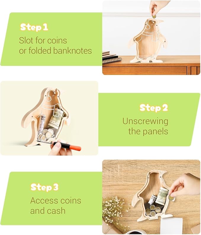 Wooden Penguin Piggy Banks for Kids Money Coin Bank, Cute Unbreakable Piggy Bank Kids Safe Money Box, Toddler Birthday Baptism Gifts for Girls Boys Penguin Lovers, Small