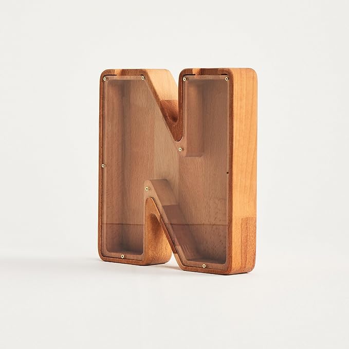 Personalized Wooden Piggy Bank – Custom Letter N Coin Bank in Beech Wood with Clear Acrylic Front, Engraved Name Option, Money Saving Box for Kids and Adults