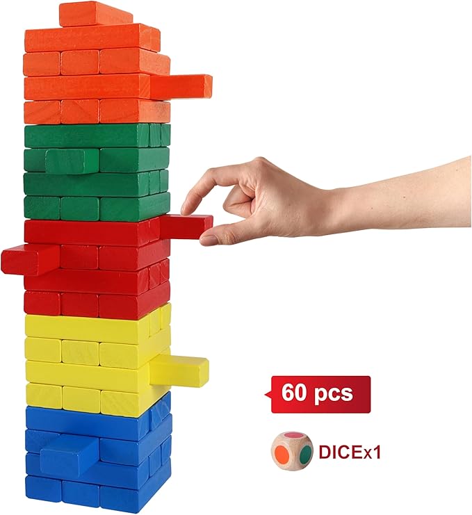 GOTHINK Wooden Blocks Stacking Game with Storage Box, 60PCS Toppling Colorful Tower Building Blocks Balancing Puzzles Montessori Toys Learning Sorting Family Games Educational Toys Gifts for Kids