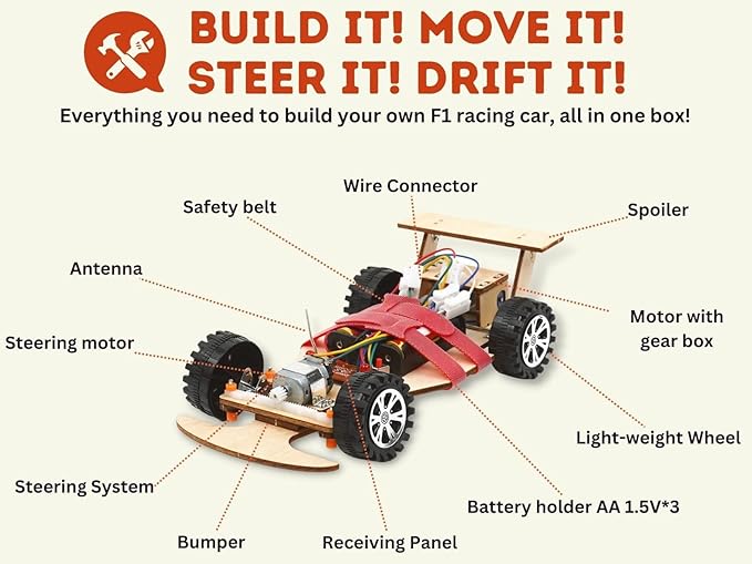Wooden Wireless Remote Control F1 Racing Car Science Kit to Build (Red), STEM Project for Kids aged8 9 10 11 12 13, Science Building Kit Gift for Boys and Girls