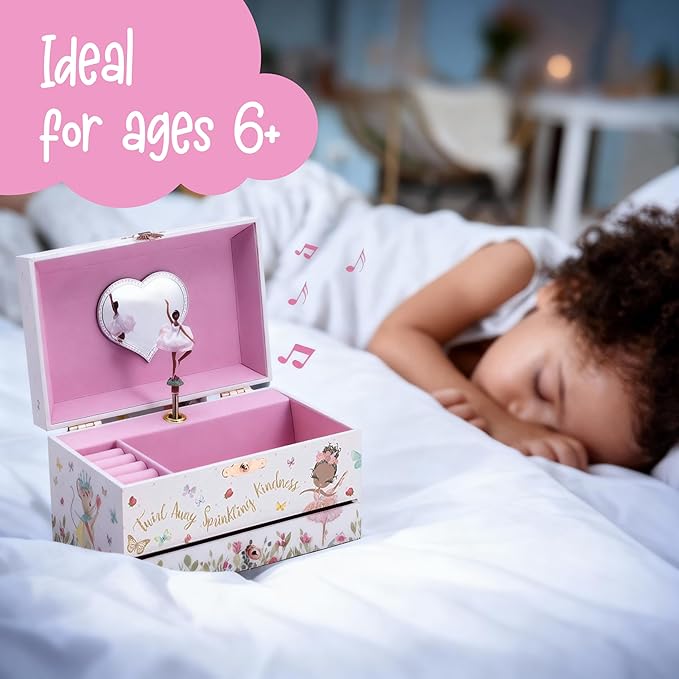 The Memory Building Company Ballerina Musical Jewelry Box, Classic Melody, Storage Organizer Kids Ages 6-12, Wood Construction w/ 2 Compartments
