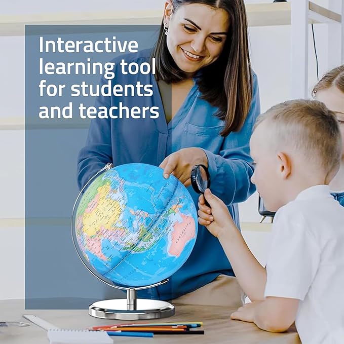 LED Illuminated World Globe with Chrome Rotating Stand – 3-in-1 Educational Tool for Kids & Adults, Interactive Learning Globe with Constellation Map, Lighted Display, 14 Inch