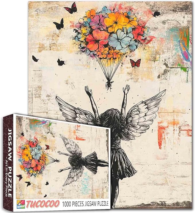 Tucocoo Banksy Angel Girl Jigsaw Puzzle 1000 Pieces Retro Street Art Puzzles for Adults, Floral Art Jigsaw Puzzles 1000 Piece for Challenging Family Games DIY Crafts Puzzle for Home Decor Gifts