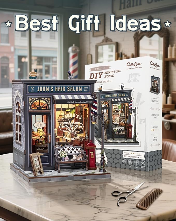 Book Nook Kit, DIY Miniature House Kits for Adult and Teens, Dollhouse Tiny Booknook Garden House Bookshelf, DIY Craft Gifts for Family and Friends (John's Hair Salon)
