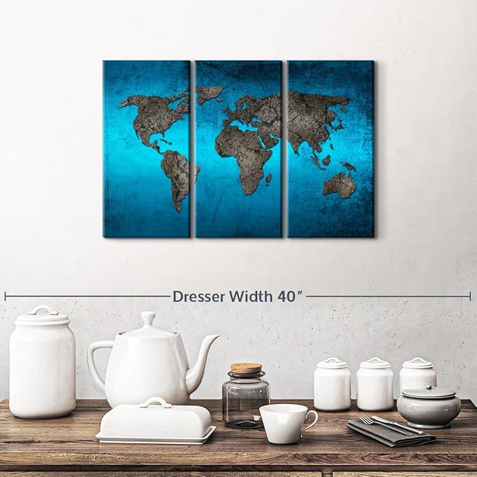 ElephantStock Ocean World Map Multi Piece Canvas - 3 Panel Wall Decor - Map of the World Art - Canvas for the Office and Home - 23" X 14"