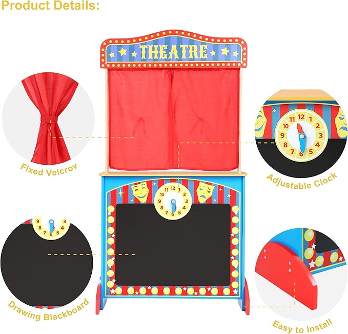 Deluxe Wooden Puppet Theater with Curtains, Blackboard and Clock, Double-Sided Play Store 3-8Y & Kid Puppet Show Theater with 2 Hand Puppets and 4 Finger Puppets for Toddlers 3+