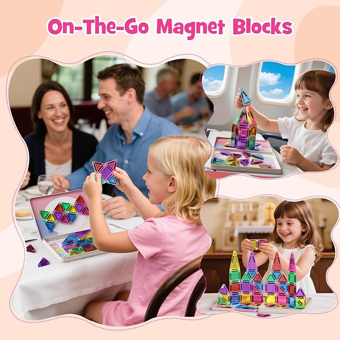 Mini Magnetic Tiles with Iron Box, 42PCS Travel Size Magnet Building Blocks Toy Set, Protable Construction Block Toys Educational Learning Sensory Toys for 3+ Year Old Boys Girls Birthday Gift
