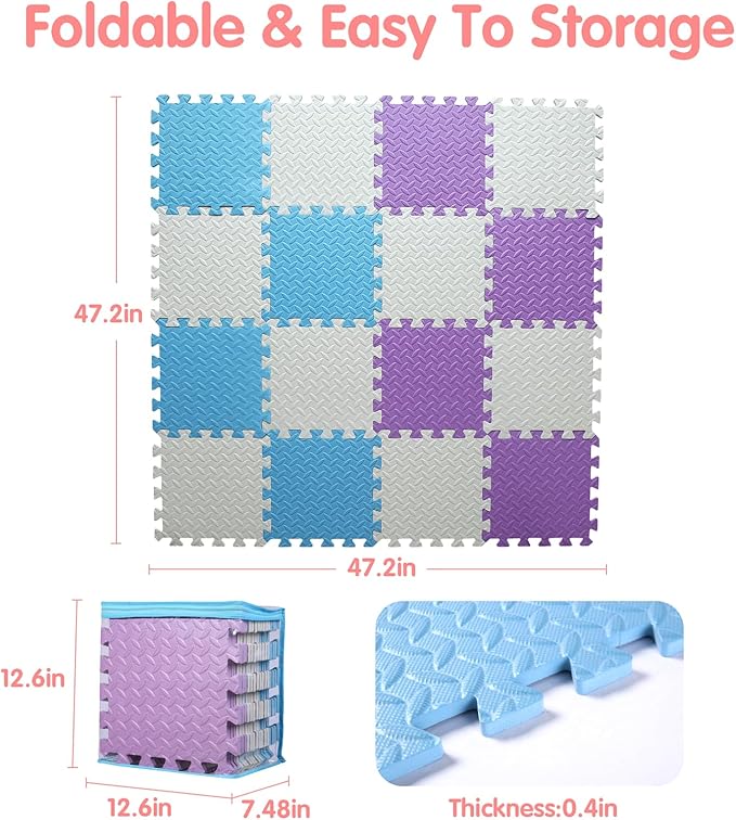 Play Mat for Babies 0-6 Months, Solid Colored Foam Floor Mat, Eva Non-Toxic Foam Puzzle Floor Mats, 0.4" Thick Square Kids Playmat丨47x47 Play Mat for Playpen (White/Purple/Light Blue)