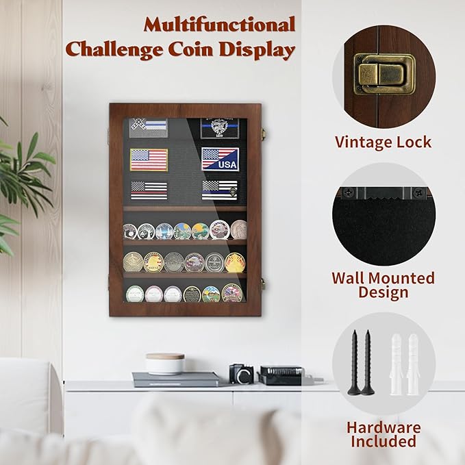 Military Challenge Coin Display Case 6 Rows Wooden Army Coin Holder with HD Tempered Glass Lockable Coin Wall Dsplay Box with Removable Shelves, Walnut