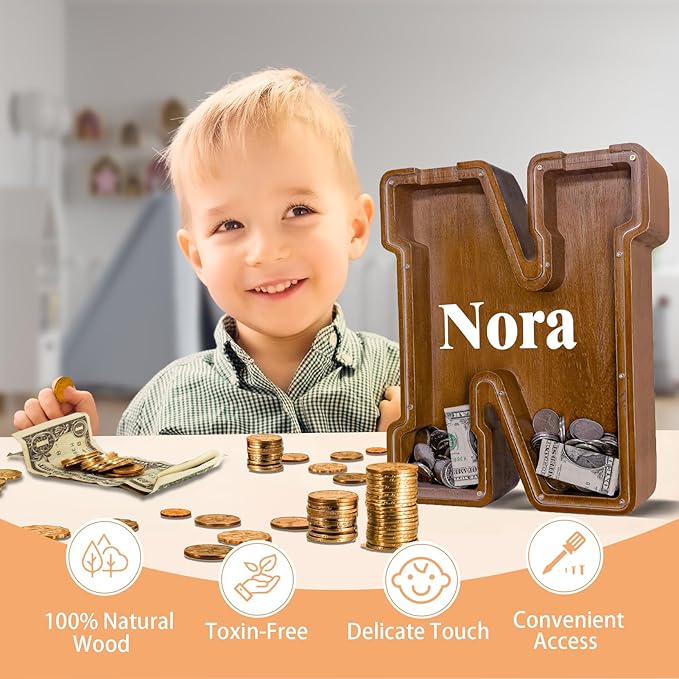Wooden Letter Piggy Bank for Kids Larger Letter Piggy Bank for Boys and Girls Personalized Piggy Bank Initial Coin Bank Wood Kids Money Bank for Birthday and Festival