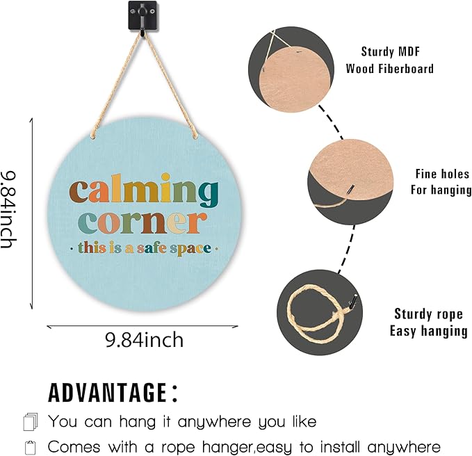 Calming Corner Hanging Wood Sign - Safe Space, Classroom, Office Decor - Boho Style, 10x8 Round Blue