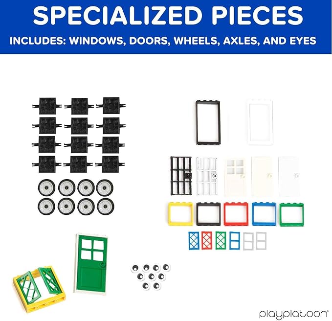 Play Platoon 1120 Pieces Building Bricks Set - 10 Classic Color Blocks - Bulk Building Blocks Compatible with Major Brands - 14 Different Shape Bricks - Includes Wheels, Tires, Axles, Windows & Door
