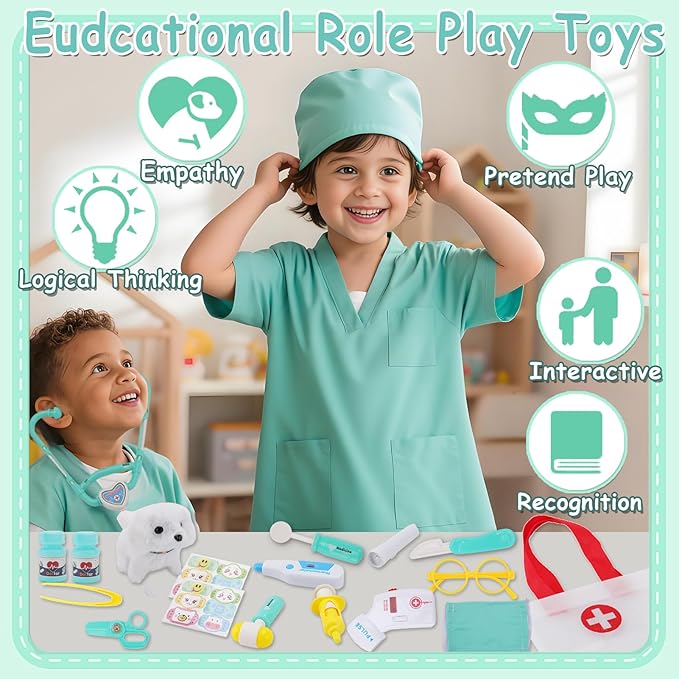 TEUVO Toy Doctor Kit for Girls - Pretend Play Doctor Set with Dog Toy, Carrying Bag & Stethoscope & Dress Up Costume - Toys Doctor Play Gift for Kids Toddlers Ages 1 2 3 4 5 6 7 Year Old for Role Play