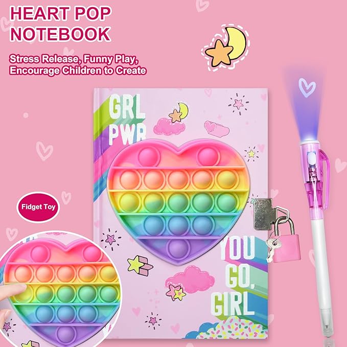Pop Girls Diary with Lock and Invisible Ink Double-end Pen, 7.5x5.4” 160 Lined Page Fidget Colorful Heart Girls Journal for Kids Secret Notebook Pen Set Birthday Gifts for Girls 5 6 7 8 9 10 Years Old