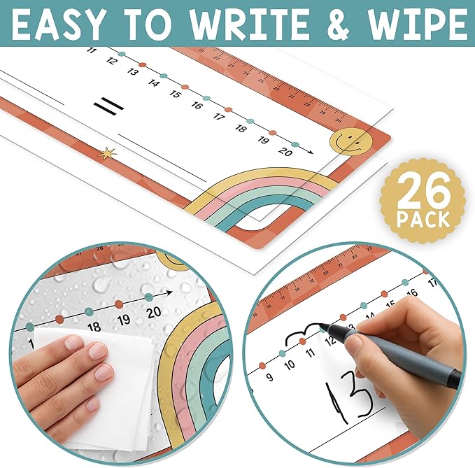26 Pack Boho Groovy Number Line Dry Erase Boards Cards, 14"x4" Double-Sided, Math Manipulatives for Kids, Student, Kindergarten Elementary Special Education 1st Grade Classroom Must Haves