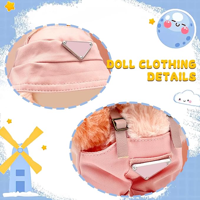 Clothes for 6.7in Plush Doll(NO Doll), Hat & Overalls Set with Triangular Badge, Handcrafted 2-Piece Clothes Set, Fashion Cute Outfit for Dolls Accessories(Pink)