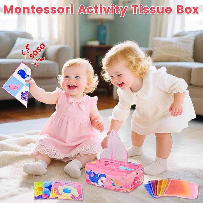 Aiduy Baby Tissue Box Toy - Baby Girl Toys Montessori Toys for Babies 6-12 Months - Soft Stuffed High Contrast Crinkle Infant Sensory Toy 6 7 8 9 10 11 12 Months Old Gifts Pink