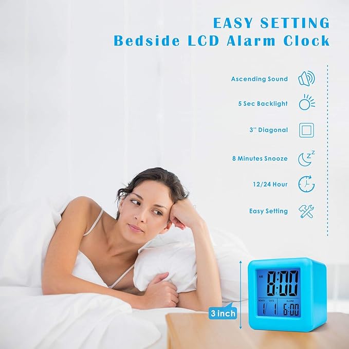 Plumeet Digital Alarm Clock Kids with Snooze and Nightlight - Easy Setting Silicone Clock Display Time, Date - Loud for Bedroom - Battery Powered (Blue)