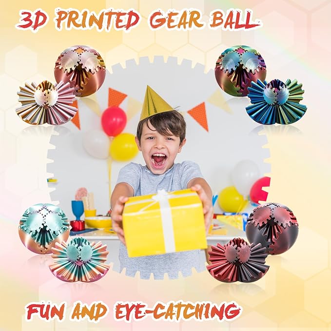 Gear Ball-3D Printed Gear Sphere,3D Printed Spin Ball Cube Fidget Toy,The Steampunk Whirling Wonder Fidget Ball Toy(Red Gold)