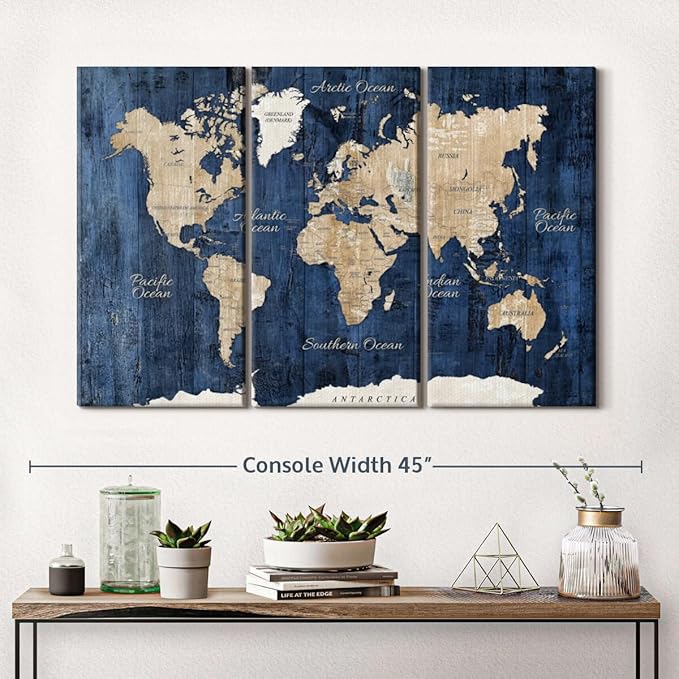 ElephantStock Aged Blue World Map II Canvas - 3 Panel Wall Decor - World Map Digital Art - Blue Wall Art - 38" X 24"