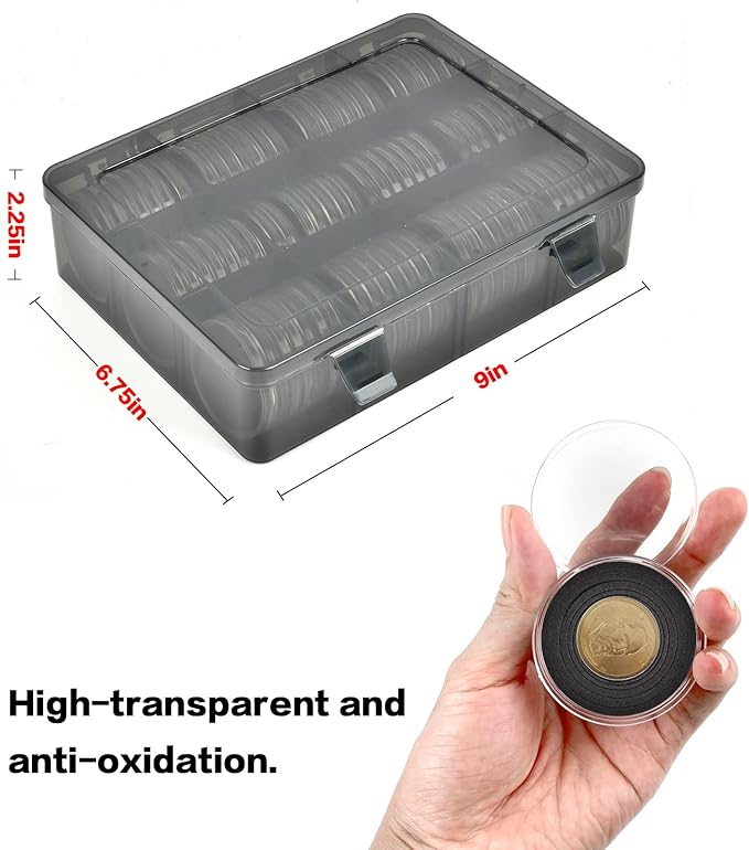 84 Pieces 46 mm Coin Capsules, with Foam Gasket and Plastic Storage Organizer Box, Coins Holder Collector Case for Coin Collection Supplies 7 Sizes (16/20/25/27/30/38/46mm)-Gray Case+Black Gasket