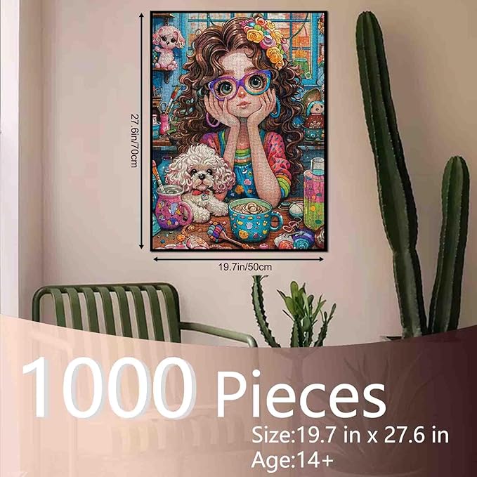 Tucocoo Lovely Little Girl Jigsaw Puzzle 1000 Pieces Puzzles for Adults, Cute Poodle Dog Art Jigsaw Puzzles for Challenging Family Activity Games 27 x 20 inch Colorful DIY Puzzle for Home Decor Gifts