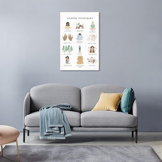 Feelings Calming Techniques Canvas Wall Art Calming Corner Classroom Mental health Posters Boho Emotions Chart for Kids Prints Special Education Wall Decor for Office School 24x36in Framed