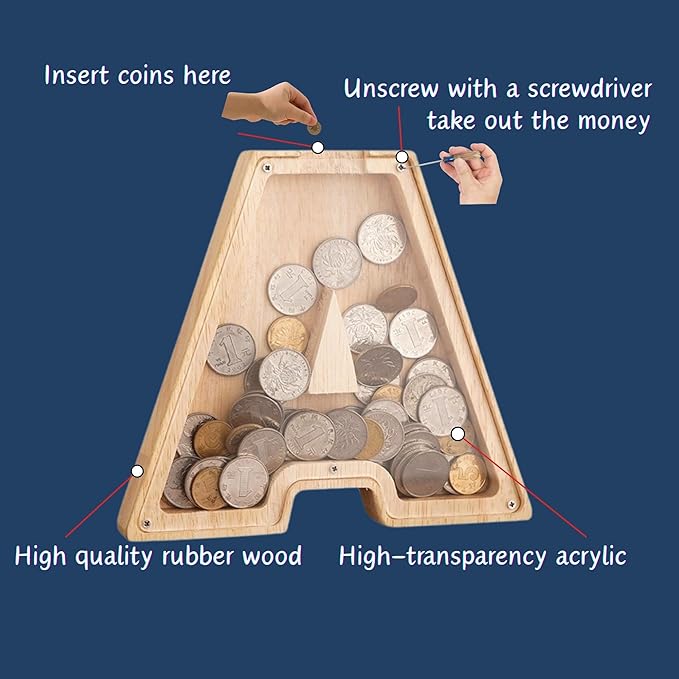 Wooden Alphabet Piggy Bank Clear Acrylic Panel Coin Savings Box Personalized Money Bank for Kids Boys Girls Adults, Birthday Home Décor(X)