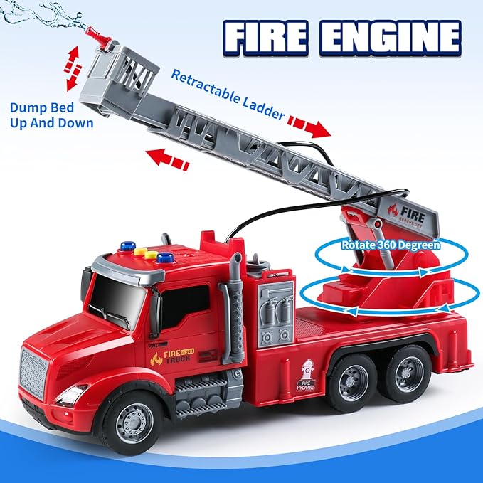 DWIRCTYS Kids Toys for 3 Years Old Boys,Friction Powered Fire Truck Toy with Lights and Sounds,Water Spray & Rotating Ladder,Birthday Gifts for Boys Girls